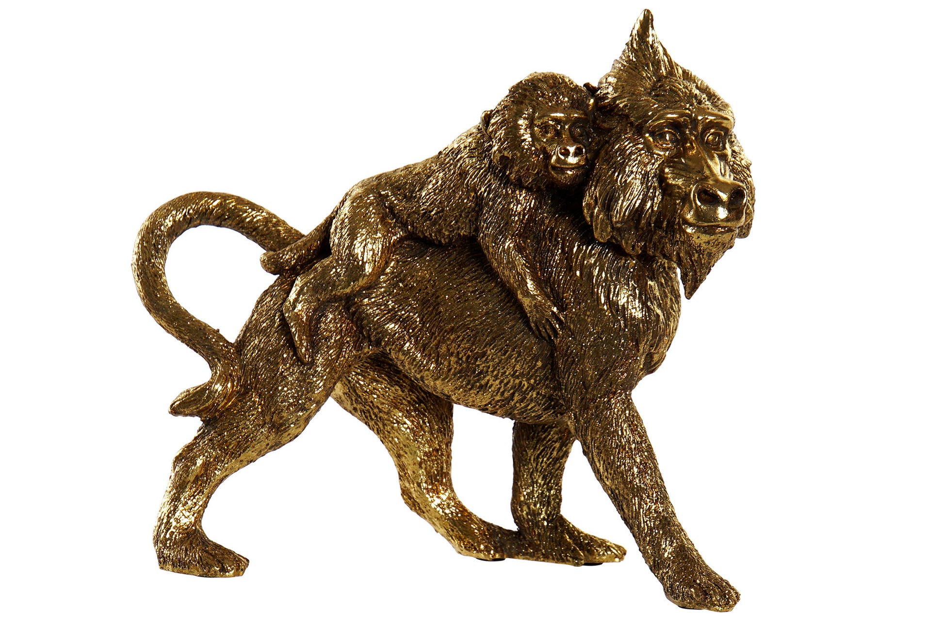Gouden beeldje van een aap met baby op de rug – decoratief sculptuur met baviaanuitstraling van Krokomingo