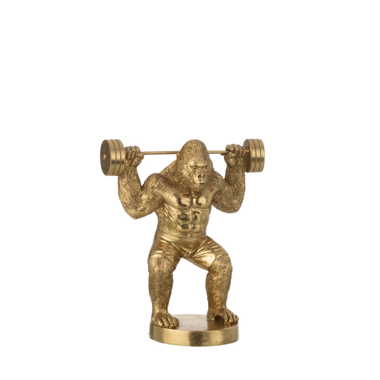 Gorilla Bodybuilder Beeld met Halter – Goud – Statement Decoratie – 25,5 cm