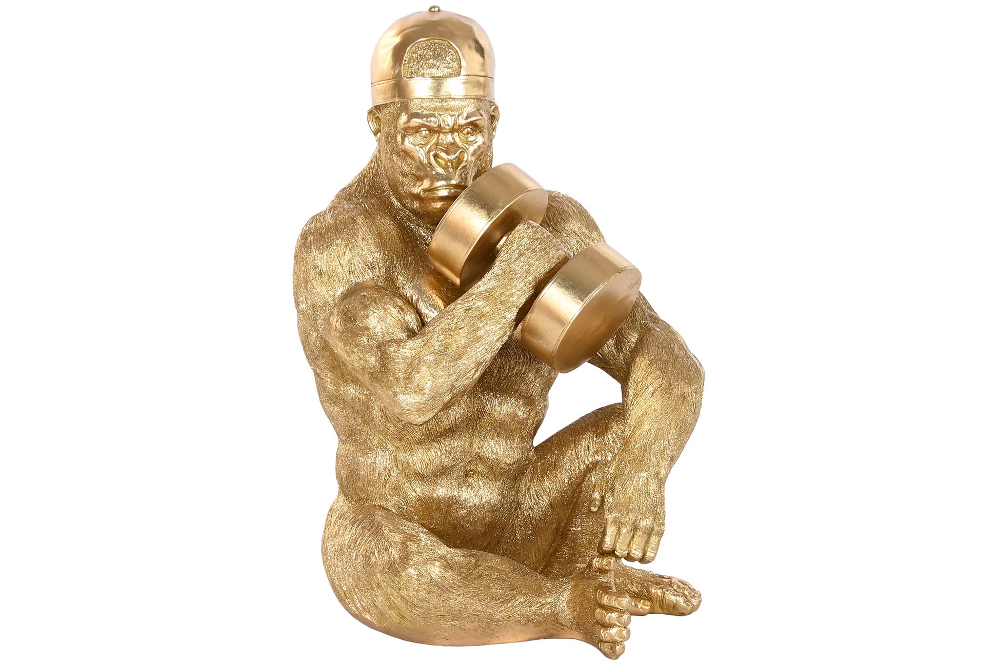 XL beeld van gouden gorilla bodybuilder met dumbbell – luxe sculptuur 61,5 cm hoog