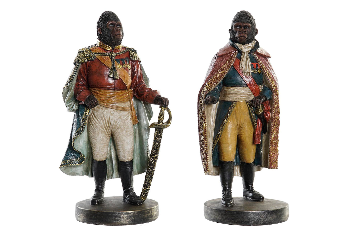 Gorilla beelden set van 2 in Napoleon stijl – kleurrijk uniform met zwaard en cape – ca. 31,5 cm hoog