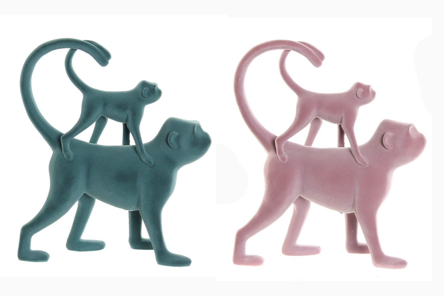 Decoratiebeeld van een aap met jong met fluweelzachte flocking afwerking, verkrijgbaar in groen en roze, gemaakt van resin.
