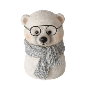 IJsbeer beeldje met bril en sjaal – winterdecoratie 16 cm