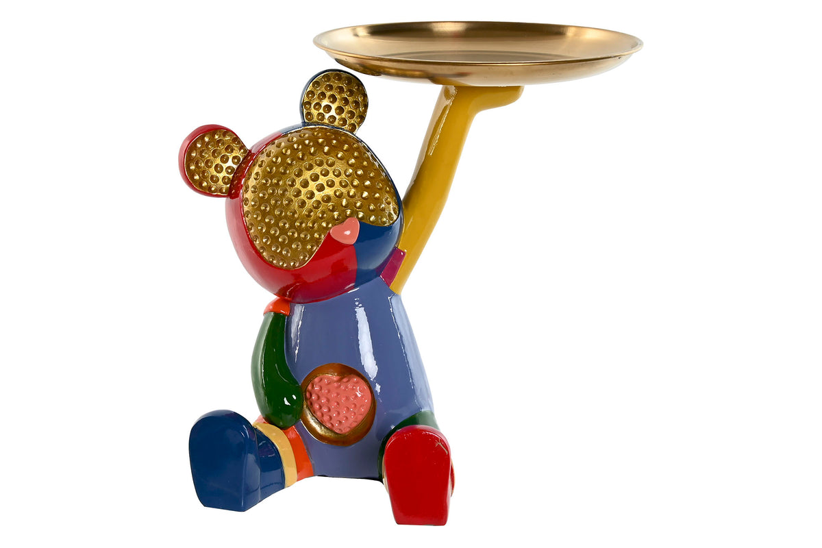 Kleurrijk decoratiebeeld van een beer met goudkleurig dienblad van polyresin en metaal, geschikt voor kaarsen, sieraden en kleine woonaccessoires.