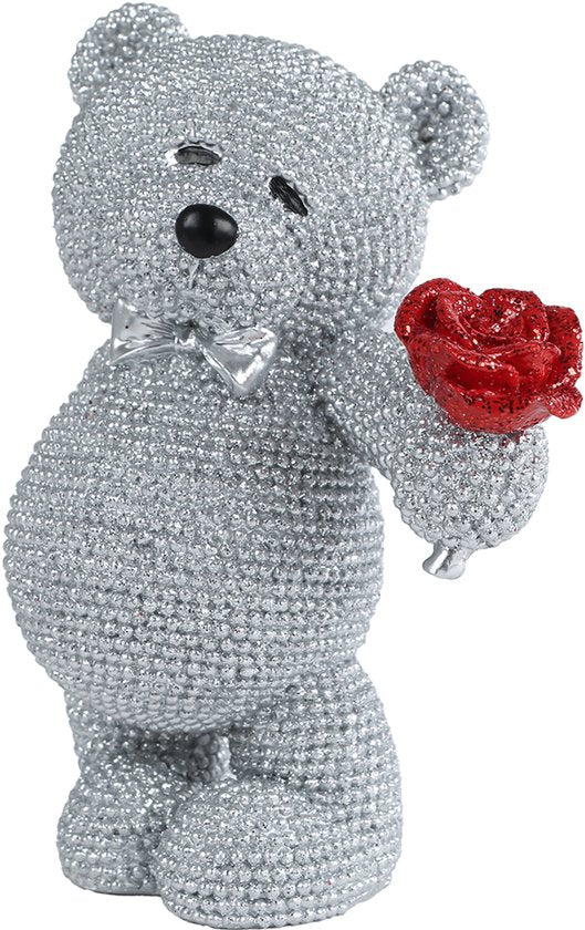 Zilveren glitterbeertje met rode roos – romantisch decoratiebeeldje – 14 cm – Krokomingo