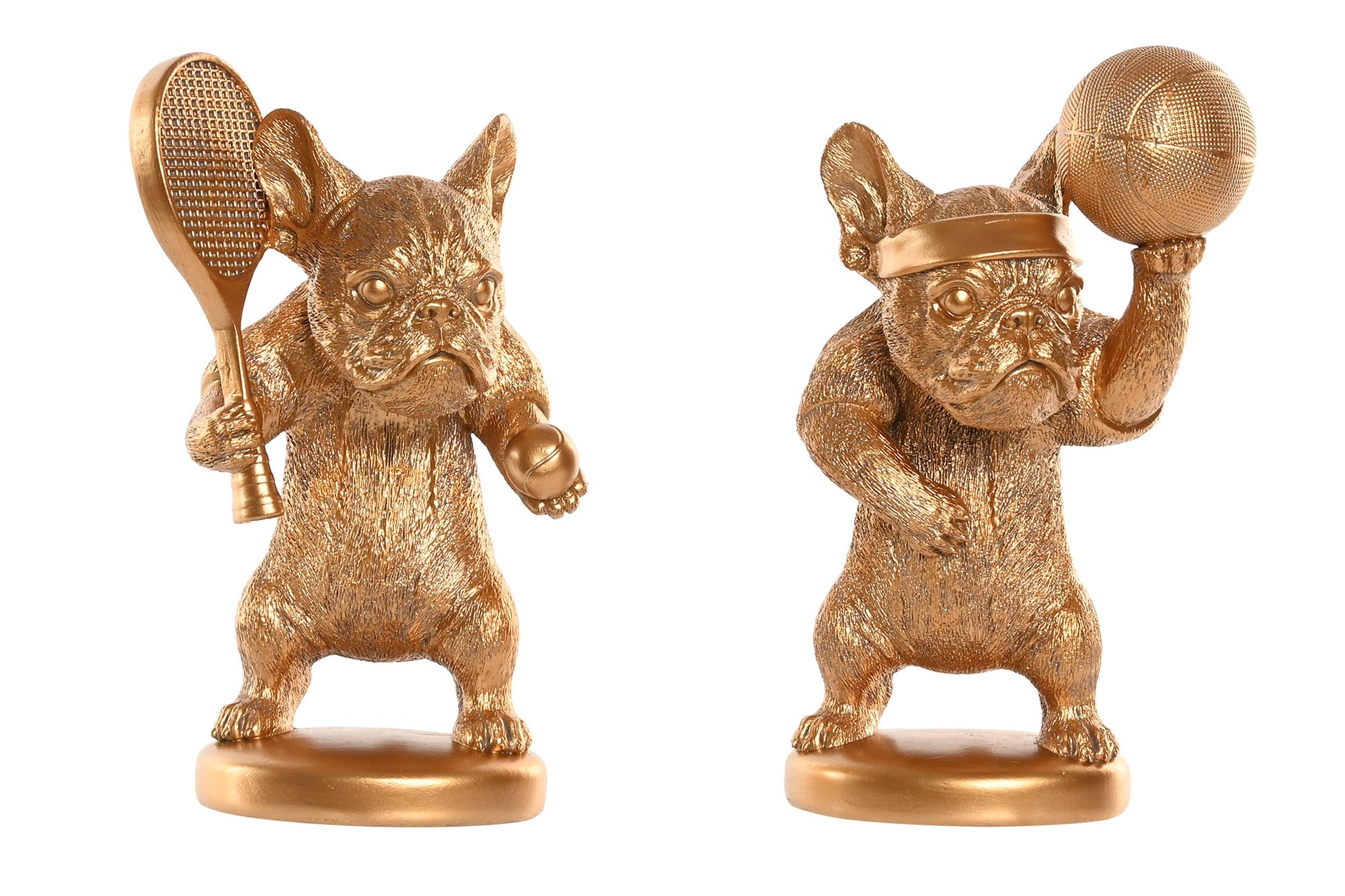 franse bulldog beeld goud met tennisracket of basketbal woondecoratie