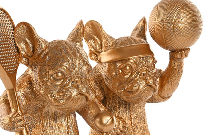 franse bulldog beeld goud met tennisracket en basketbal woondecoratie