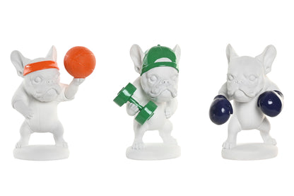 Sportief resin bulldogbeeld in witte uitvoering, verkrijgbaar met basketbal, dumbbell of bokshandschoenen als moderne woondecoratie.