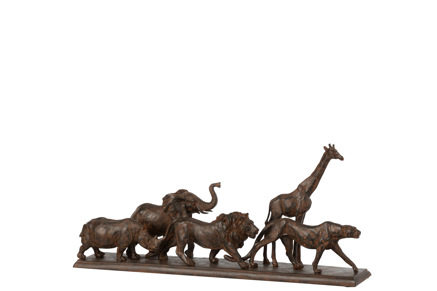 J-Line safari beeld van vijf wilde dieren in roestbruin polyresin met neushoorn, olifant, leeuw, luipaard en giraffe op een decoratieve voet.