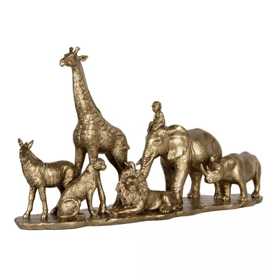 Gouden wildlife beeld met zebra, olifant, leeuw, panterm neushoorn en giraffe – Clayre & Eef decoratie sculptuur