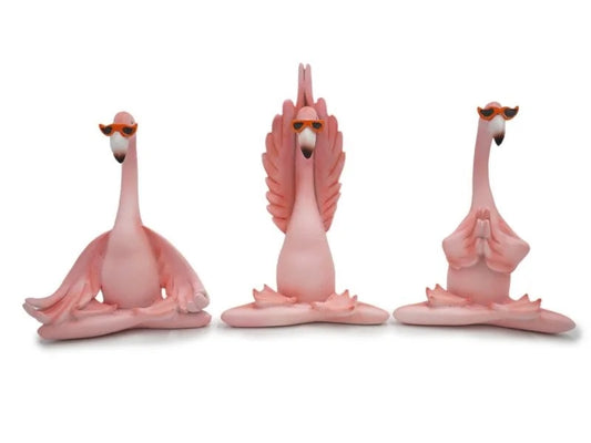 Set van 3 roze flamingo yoga beeldjes met zonnebril – Krokomingo