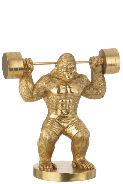 gouden gorilla bodybuilder beeld met halter xl statement beeld dierenbeeld goud
