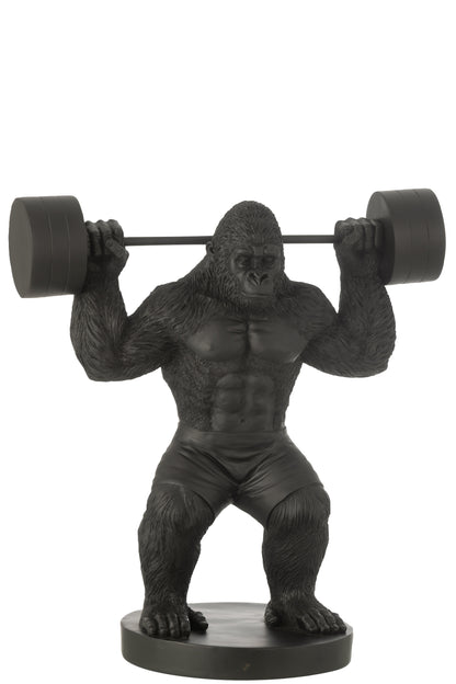 Zwarte Gorilla Bodybuilder Beeld met Halter – XL Statement Beeld
