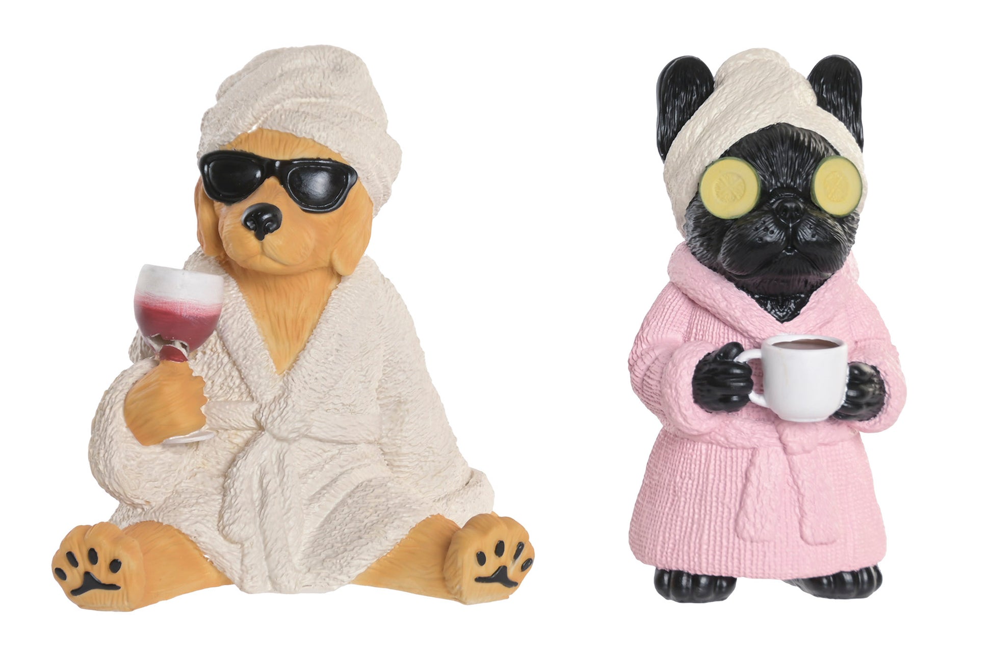 Spa hondenbeeld van resin in badjas, verkrijgbaar als hond met wijnglas of hond met koffiekop voor grappige woondecoratie.