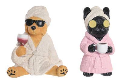 Spa hondenbeeld van resin in badjas, verkrijgbaar als hond met wijnglas of hond met koffiekop voor grappige woondecoratie.