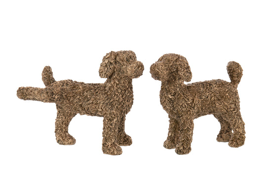 Twee gouden Labradoodle beelden van polyresin – decoratief hondenbeeld – J-line – ca. 21 cm hoog
