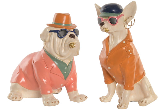 Grappig hondenbeeld Chihuahua en Franse bulldog met zonnebril, hoed en gouden details van polyresin – 24,5 cm – Krokomingo