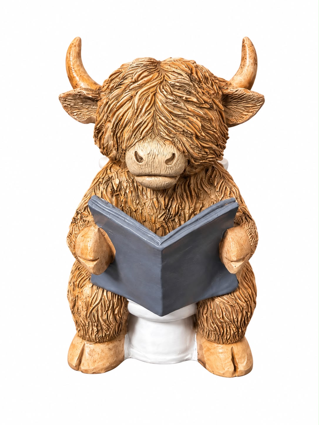 Schottisches Hochlandrind auf der Toilette mit Buch – Lustige Figur | 11,5 cm