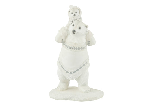 Beeld van ijsberenmoeder met baby op schouders – winterdecoratie – 31 cm hoog – J-line