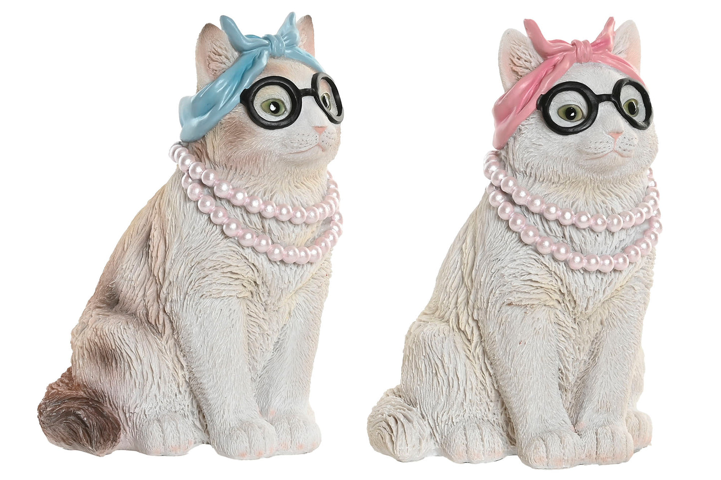 Decoratief kattenbeeld met zwarte bril, roze parelketting en roze of blauwe hoofdband – 19,5 cm – Krokomingo