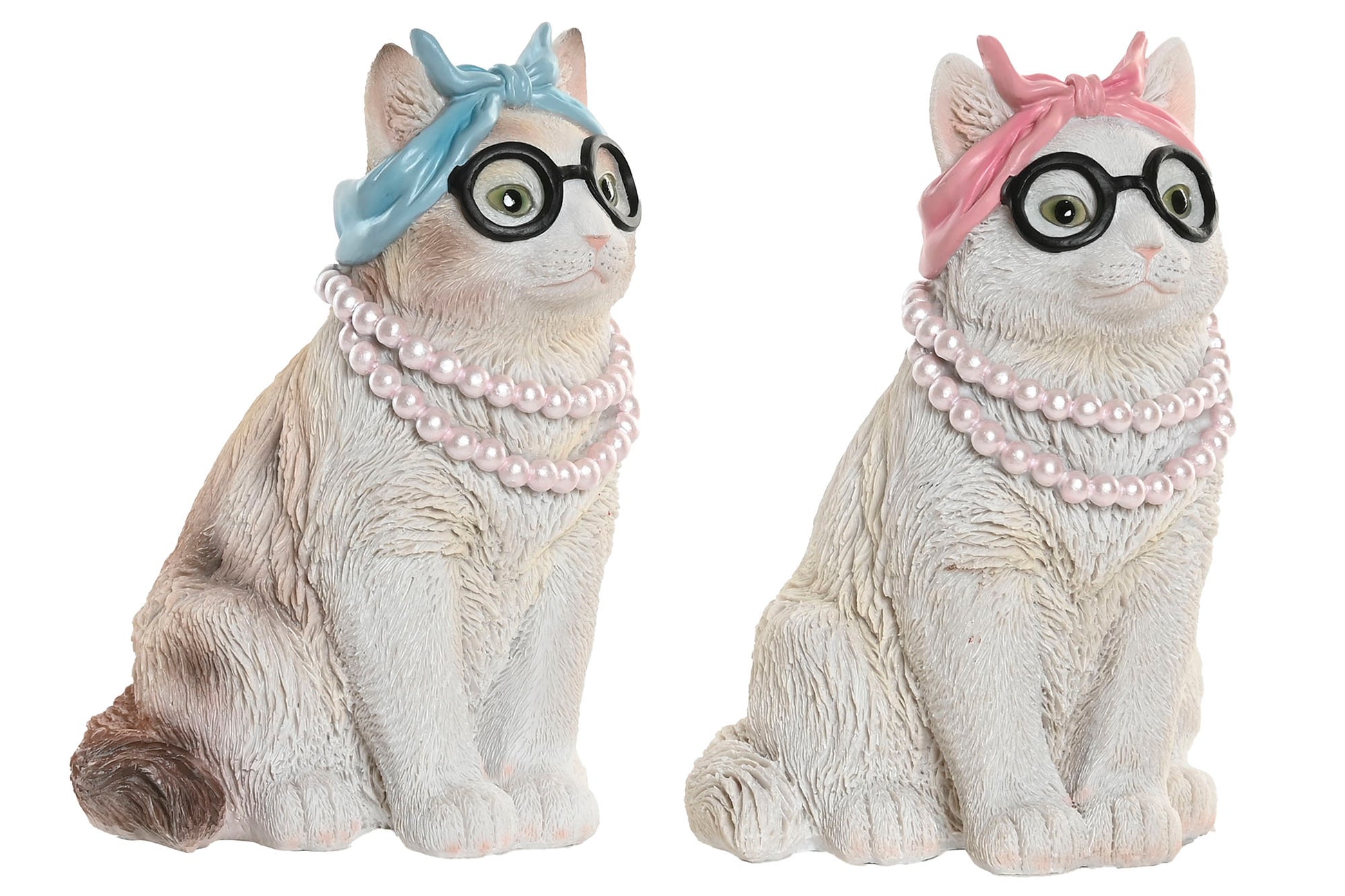 Decoratief kattenbeeld met zwarte bril, roze parelketting en roze of blauwe hoofdband – 19,5 cm – Krokomingo