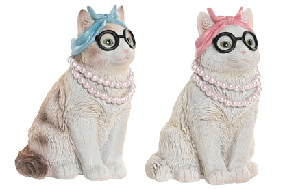 Decoratief kattenbeeld met zwarte bril, roze parelketting en roze of blauwe hoofdband – 19,5 cm – Krokomingo