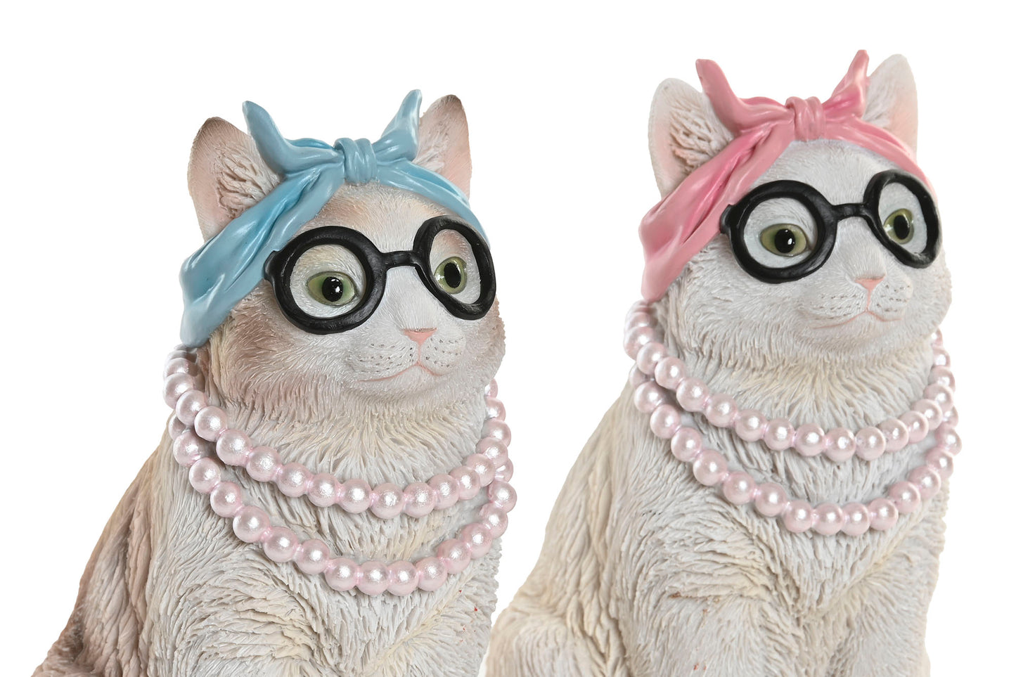Decoratief Kattenbeeld met Bril & Parelketting – Roze of Blauw – 19,5 cm