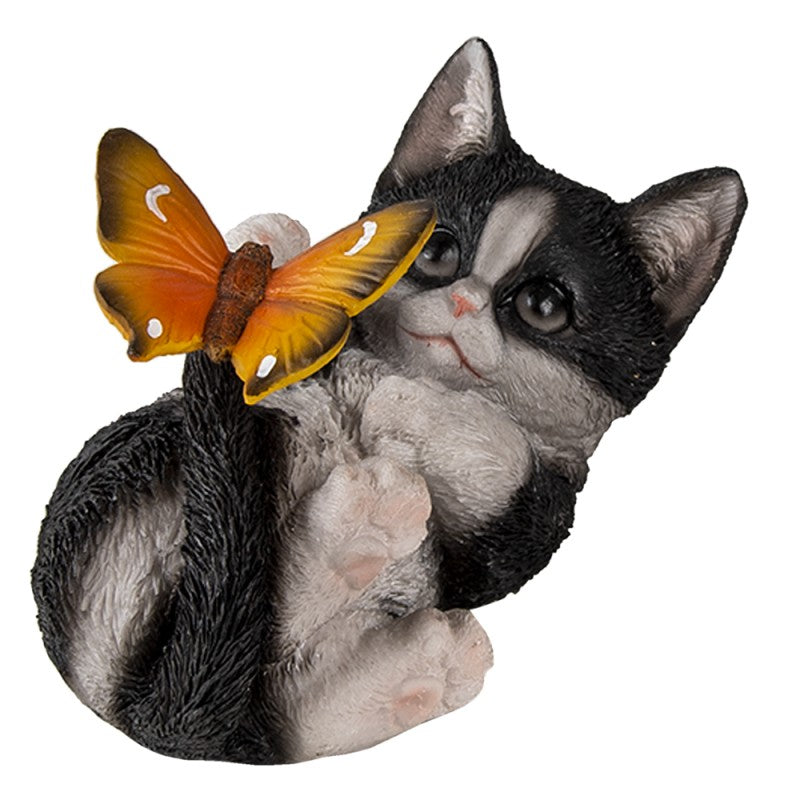 Beeld van zwart-witte kat spelend met oranje vlinder – Clayre & Eef decoratie