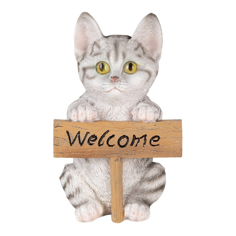 Grijs kattenbeeld met houten Welcome-bord – Clayre & Eef polyresin decoratie