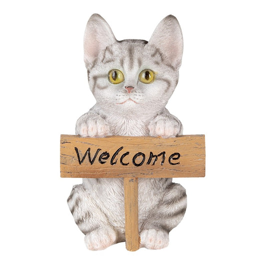 Grijs kattenbeeld met houten Welcome-bord – Clayre & Eef polyresin decoratie