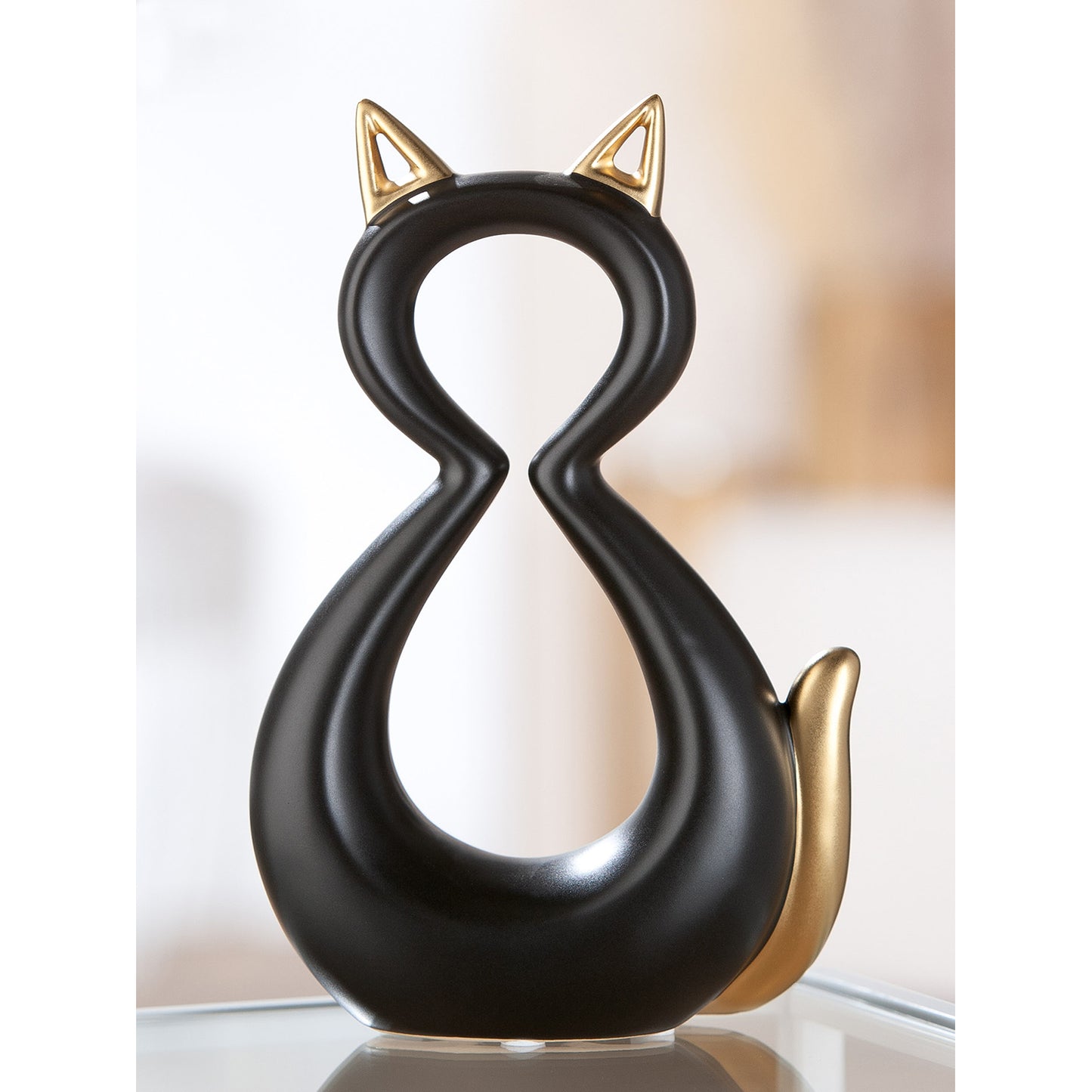 Künstlerische Katzenskulptur – Schwarz mit Gold (2 Größen)