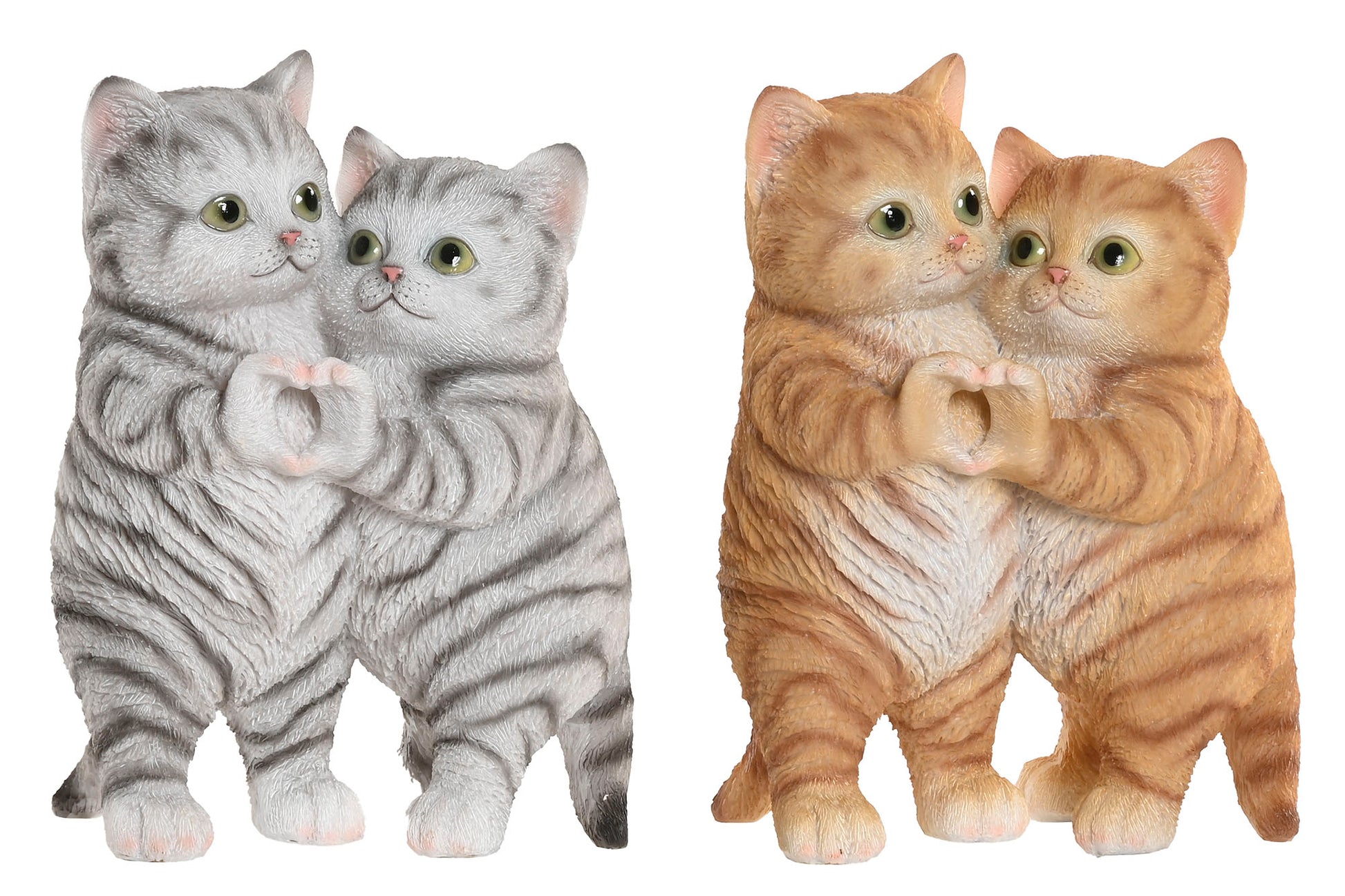 Resin beeld van twee knuffelende katten die een hart vormen, verkrijgbaar in grijze en oranje uitvoering als liefdevolle woondecoratie.