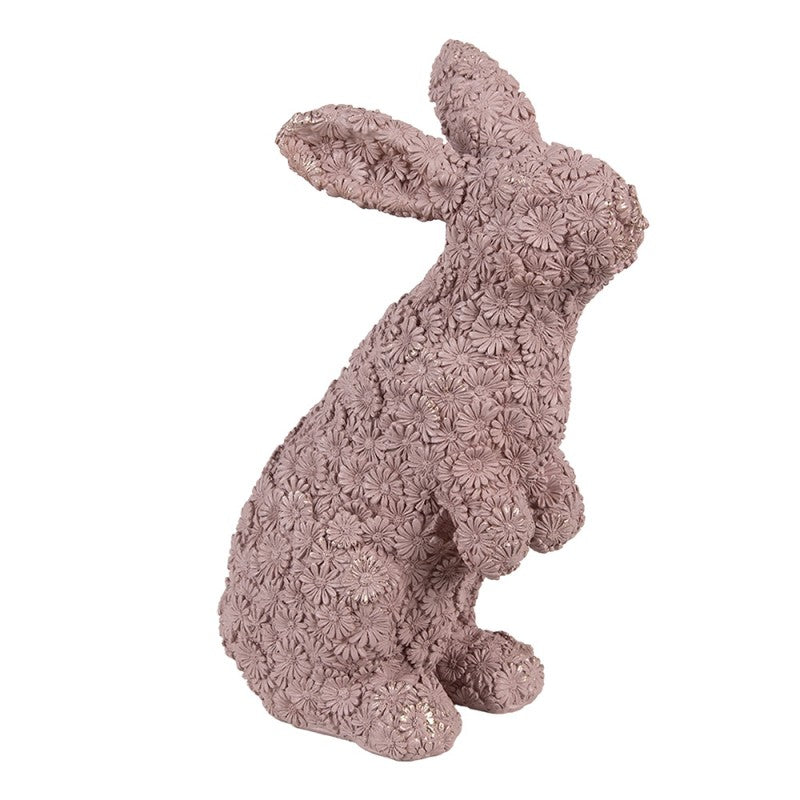 Rabbit Statue Decoration Old Pink with Floral Relief and Gold Glitter – 26 cm