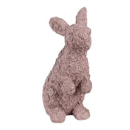 Rabbit Statue Decoration Old Pink with Floral Relief and Gold Glitter – 26 cm
