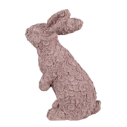 Rabbit Statue Decoration Old Pink with Floral Relief and Gold Glitter – 26 cm