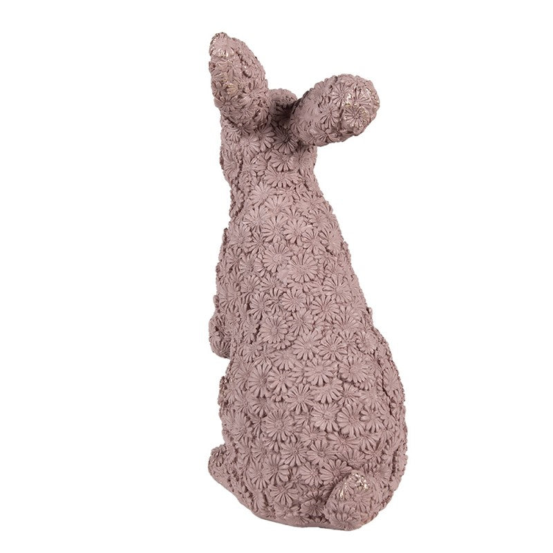 Rabbit Statue Decoration Old Pink with Floral Relief and Gold Glitter – 26 cm