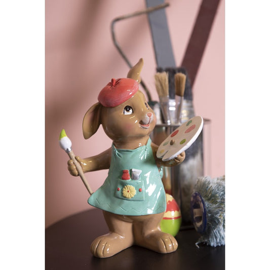 Beeld van paaskonijn met schilderspalet en kwast – paasdecoratie Clayre & Eef
