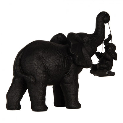 Olifant Beeld Zwart met Jong op Schommel – 20 cm