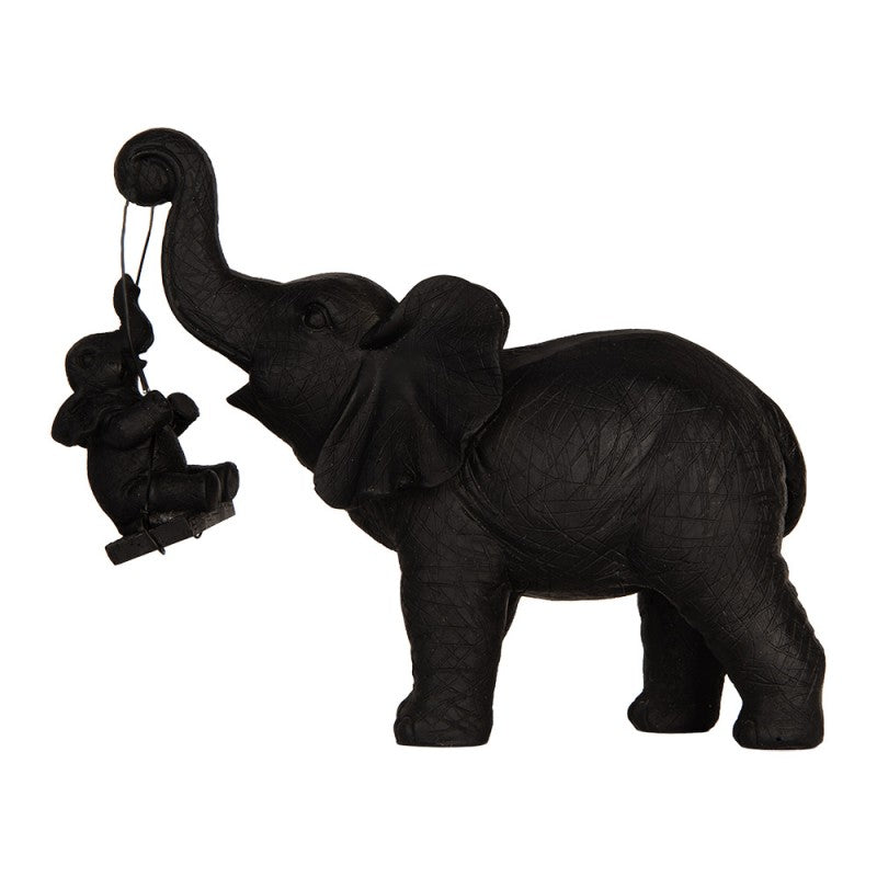 Olifant Beeld Zwart met Jong op Schommel – 20 cm