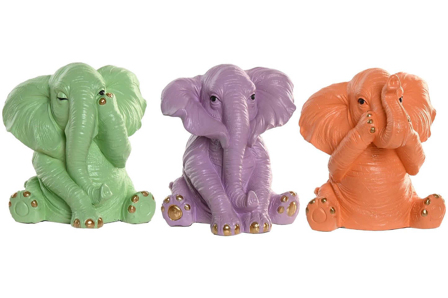 olifant beeld zittend oranje, mint, lila speelse woondecoratie