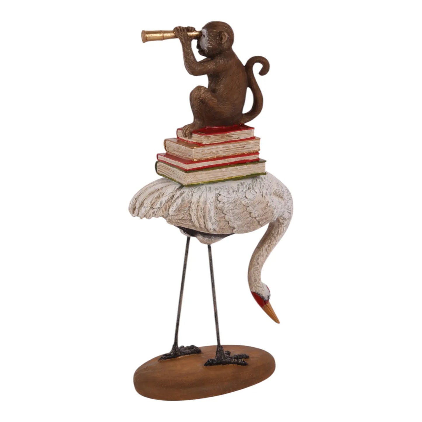 Storch-Statue mit Affe auf Büchern – Dekorative Tierfigur mit Teleskop