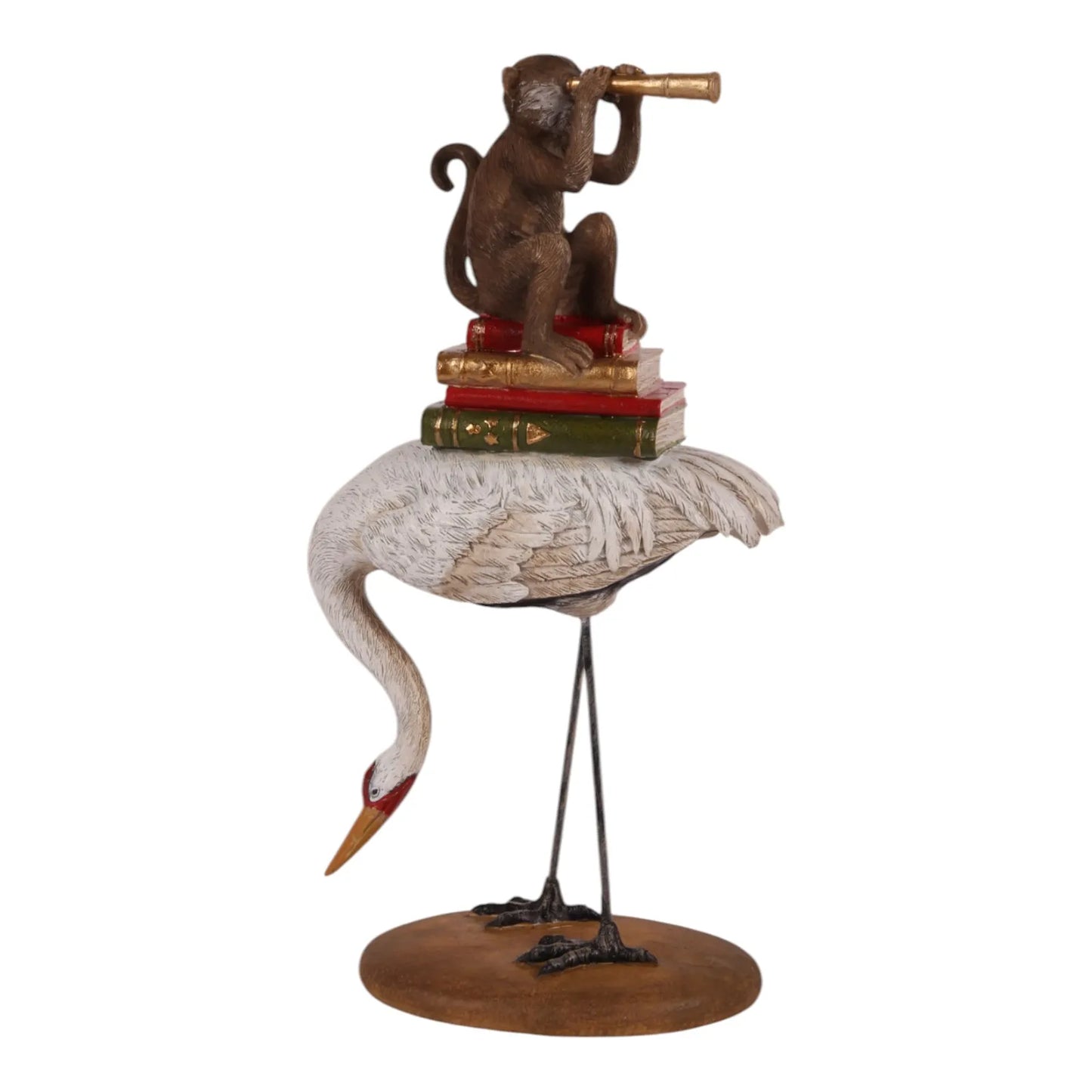 Storch-Statue mit Affe auf Büchern – Dekorative Tierfigur mit Teleskop