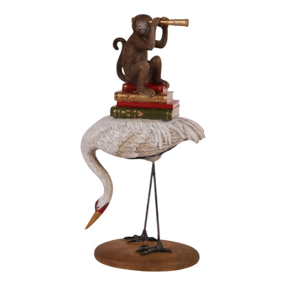 Storch-Statue mit Affe auf Büchern – Dekorative Tierfigur mit Teleskop