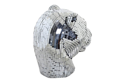 Leopard Kop 32 cm – Zilveren Sculptuur met Spiegeleffect