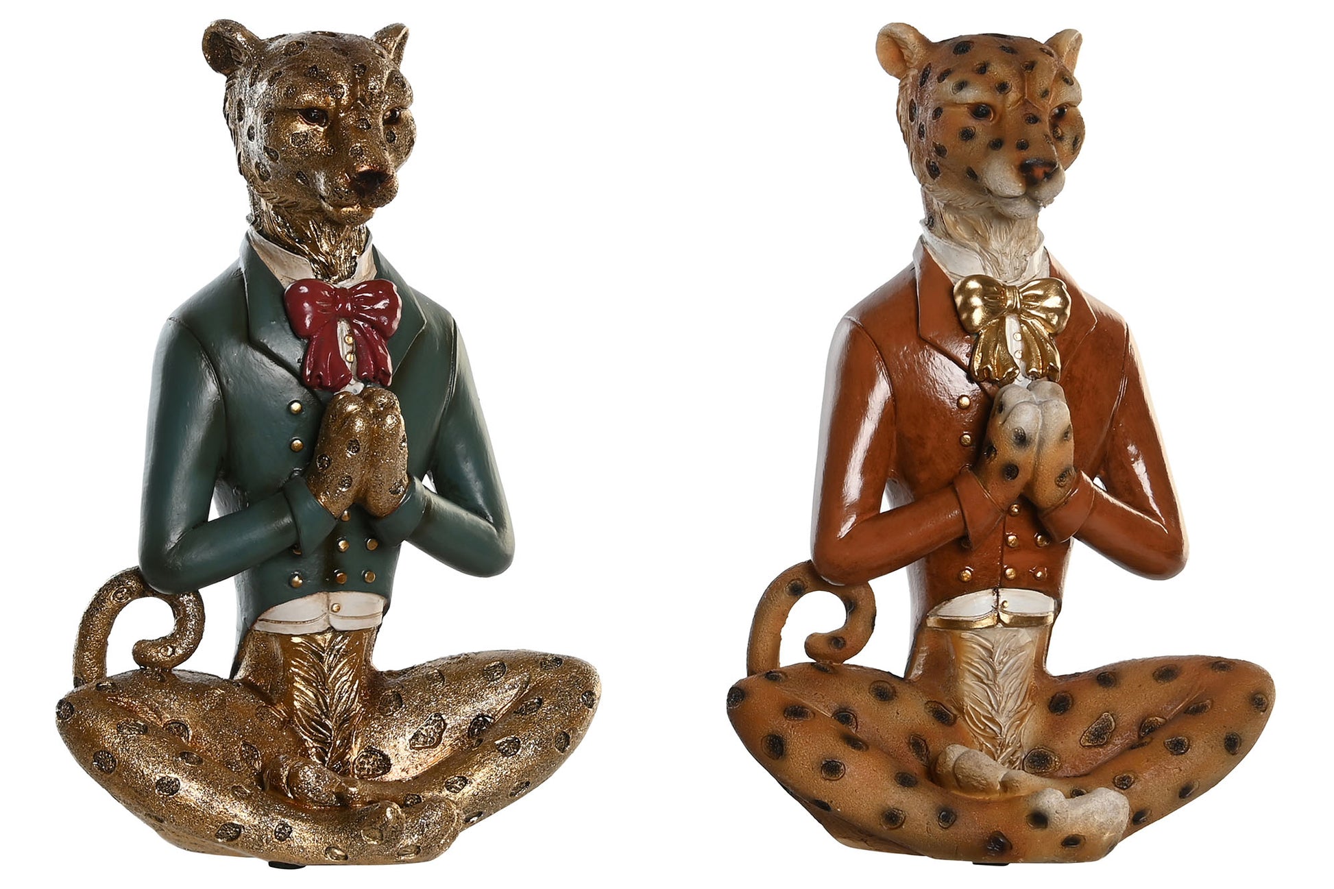 Mediterende luipaard beeldjes in kleurrijke jas met strik – 23 cm – stijlvolle en speelse woondecoratie