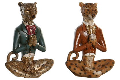 Mediterende luipaard beeldjes in kleurrijke jas met strik – 23 cm – stijlvolle en speelse woondecoratie