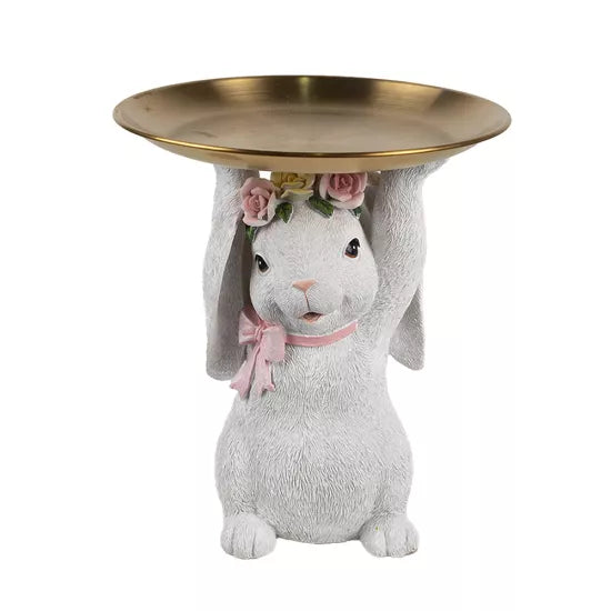 Decoratief beeld konijn met goudkleurige schaal Clayre & Eef