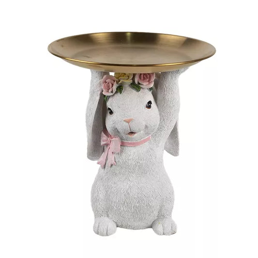 Decoratief beeld konijn met goudkleurige schaal Clayre & Eef