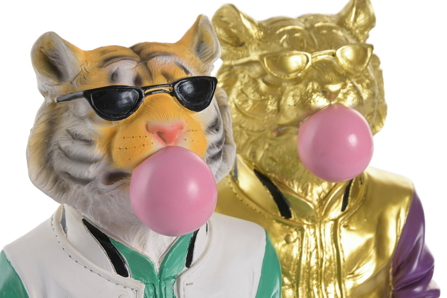 Polyresin tijgerbeeld met zonnebril en roze kauwgombel, verkrijgbaar in een kleurrijke Urban uitvoering en een luxe Gold Edition.