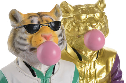 Polyresin tijgerbeeld met zonnebril en roze kauwgombel, verkrijgbaar in een kleurrijke Urban uitvoering en een luxe Gold Edition.