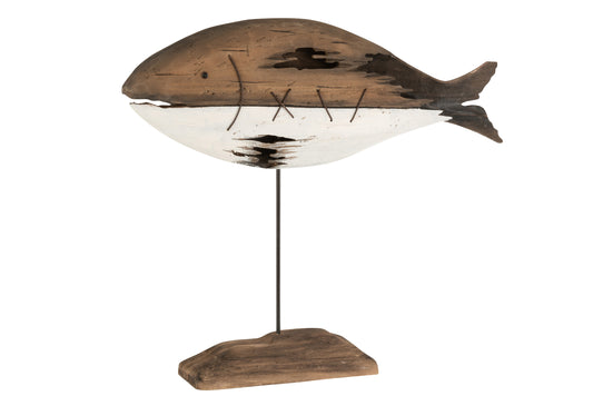 Houten vis op standaard – 55 cm hoog – bruin met wit decoratief beeld – J-line maritieme stijl